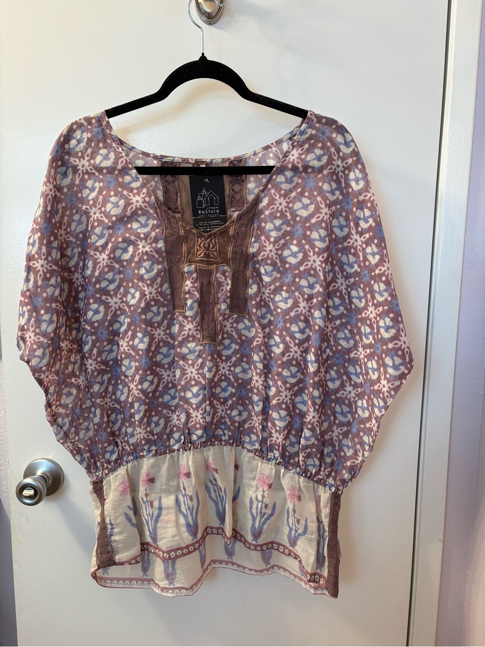 Vintage Free People Boho Printed Peasant Top with Tassel Trim - Purple/Mauve Med